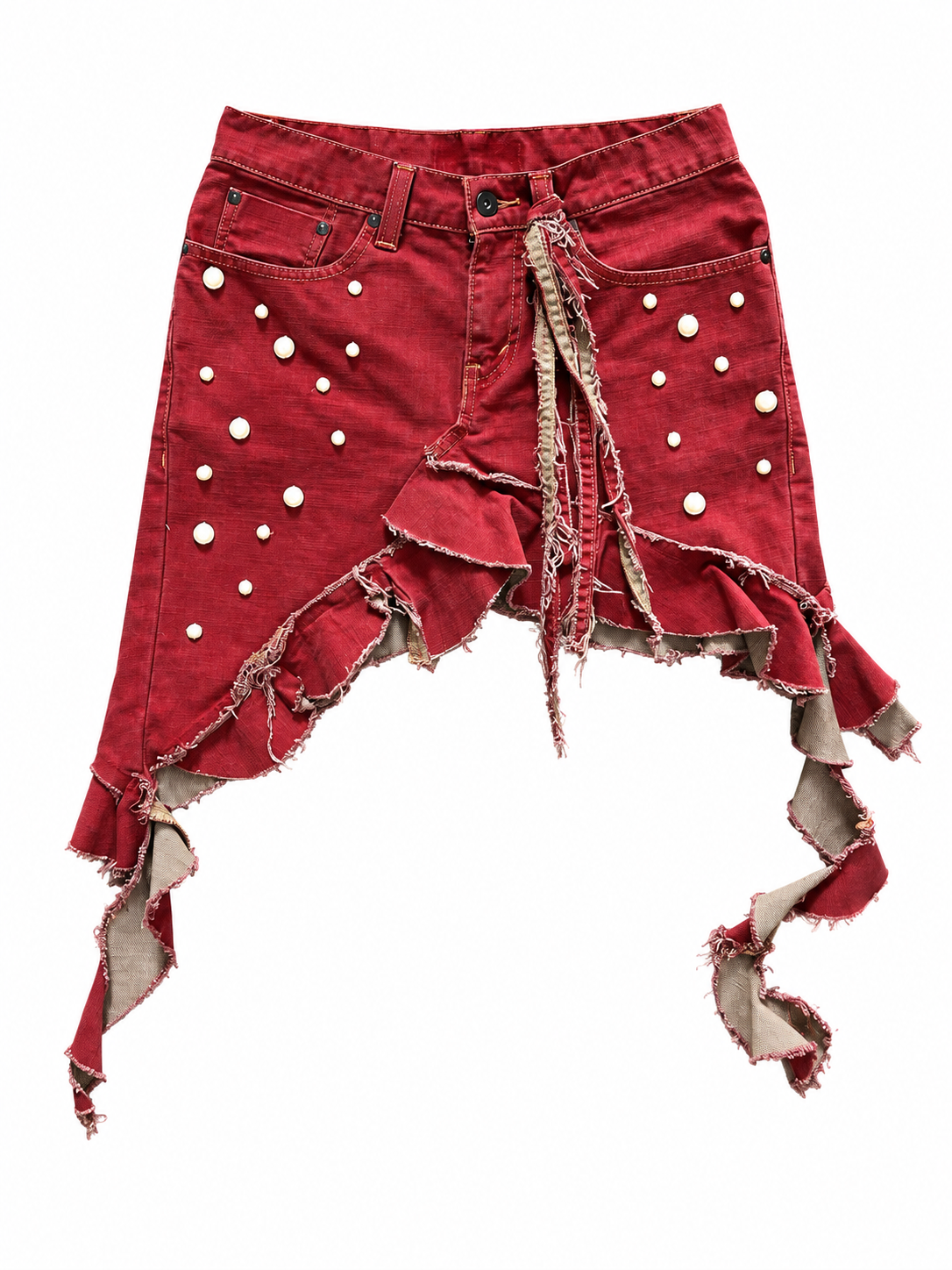 FALDA ROJA CON OLANES Y APLICACIONES DORADAS