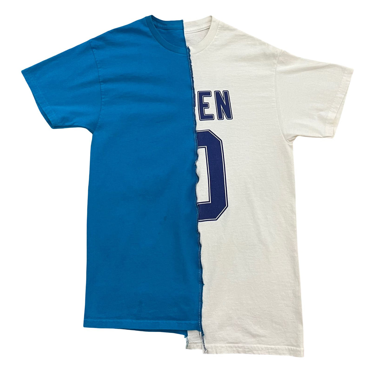 PLAYERA MITAD AZUL CHICLE Y BLANCO