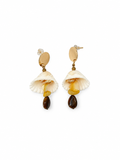ARETES CONCHA NATURAL CON GOTA DE OJO DE TIGRE Y CUARZO AMARILLO