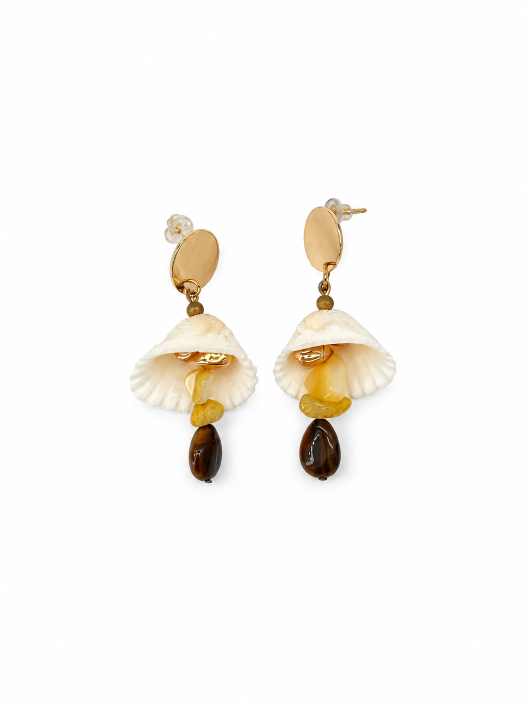 ARETES CONCHA NATURAL CON GOTA DE OJO DE TIGRE Y CUARZO AMARILLO