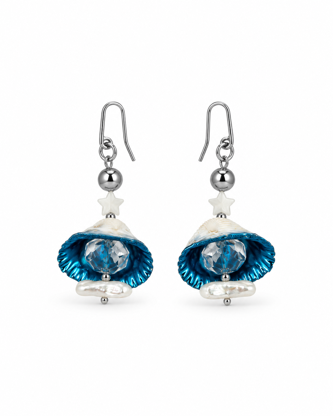 ARETES DE CONCHA AZUL CON CRISTAL, PERLA Y ACERINA