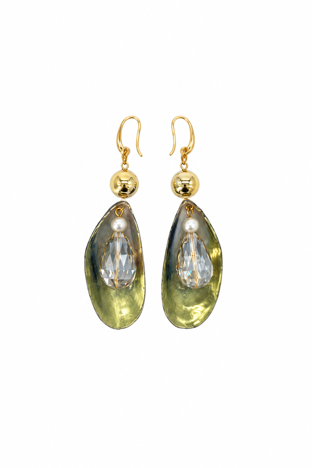 ARETES DE MEJILLÓN VERDES CON MAXI GOTA DE CRISTAL