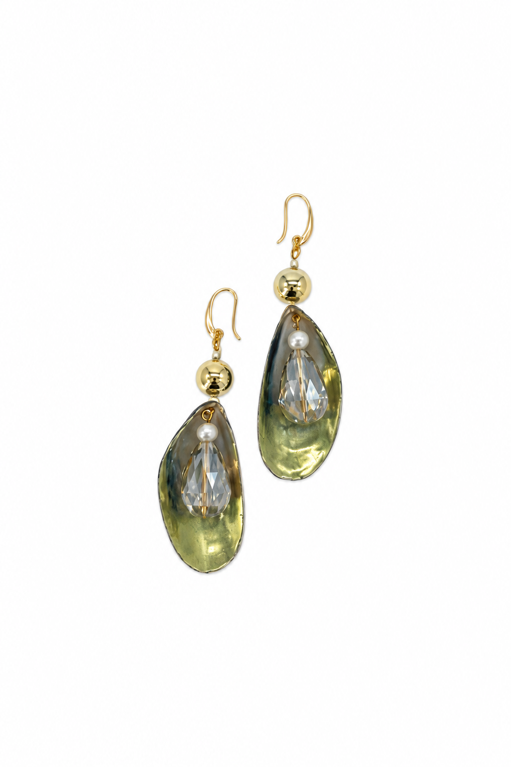 ARETES DE MEJILLÓN VERDES CON MAXI GOTA DE CRISTAL
