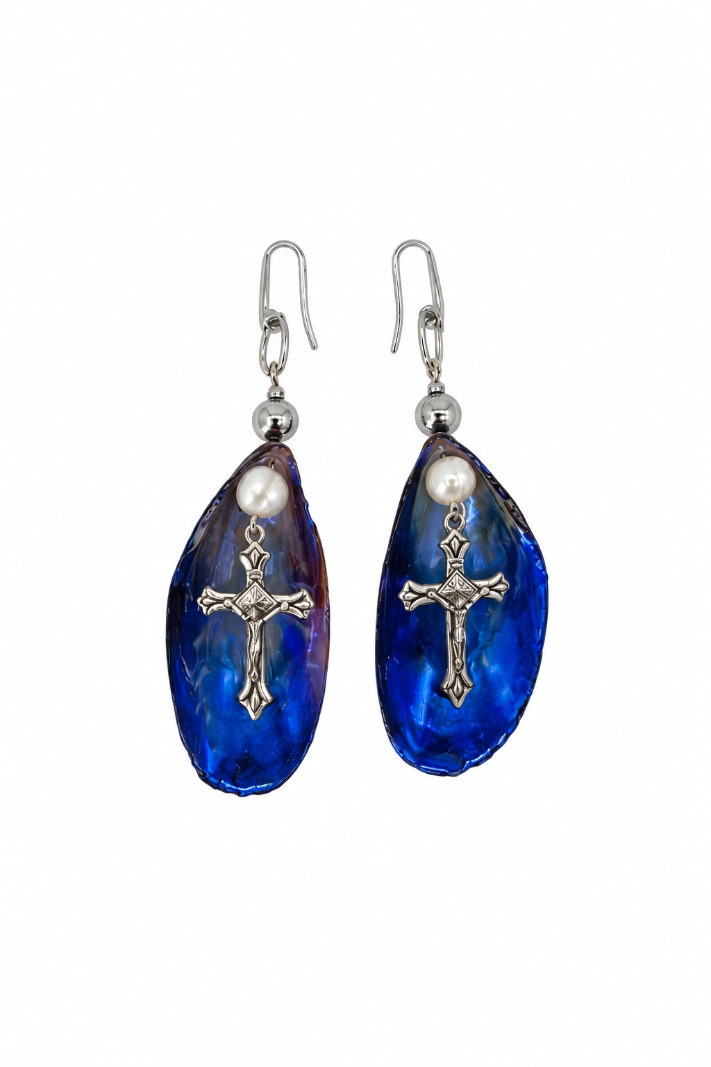 ARETES DE MEJILLÓN AZUL CON CRISTO, PERLA Y ACERINA