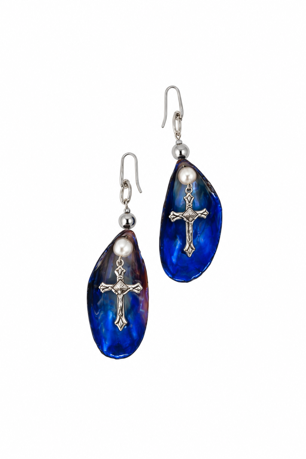 ARETES DE MEJILLÓN AZUL CON CRISTO, PERLA Y ACERINA