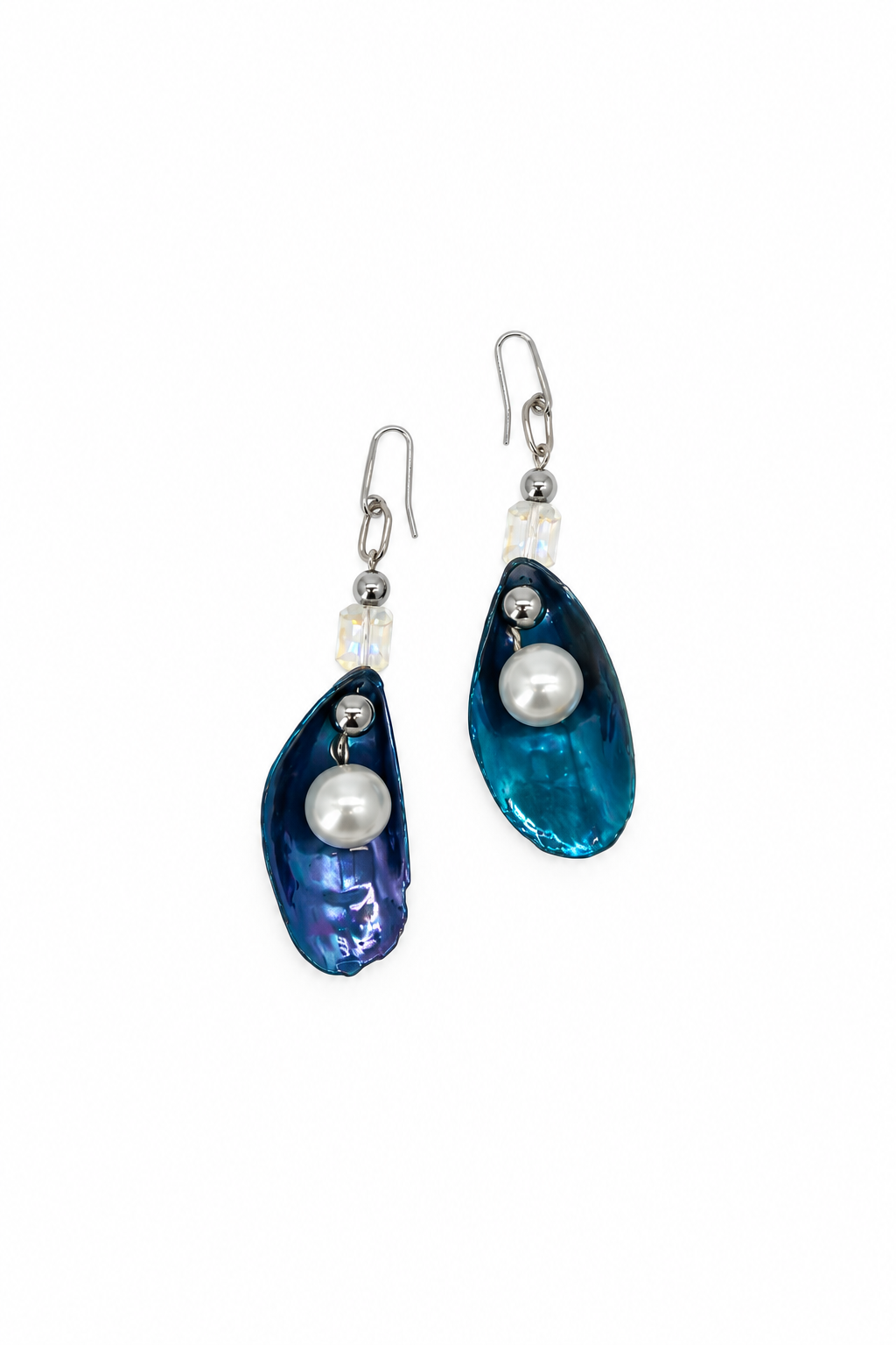ARETES DE MEJILLÓN AZUL CON PLASTIPERLA BLANCA Y ACERINA