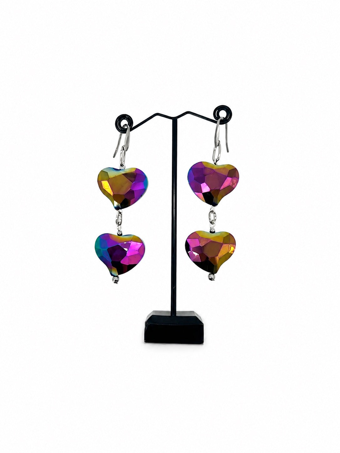 ARETES DOBLE CORAZÓN DE CRISTAL TORNASOL OBSCURO