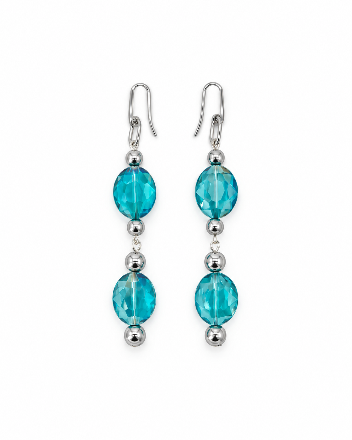 ARETES LARGOS DOBLE CRISTAL AZUL AQUA Y ACERINA