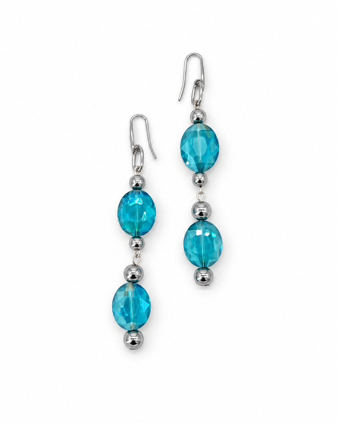 ARETES LARGOS DOBLE CRISTAL AZUL AQUA Y ACERINA