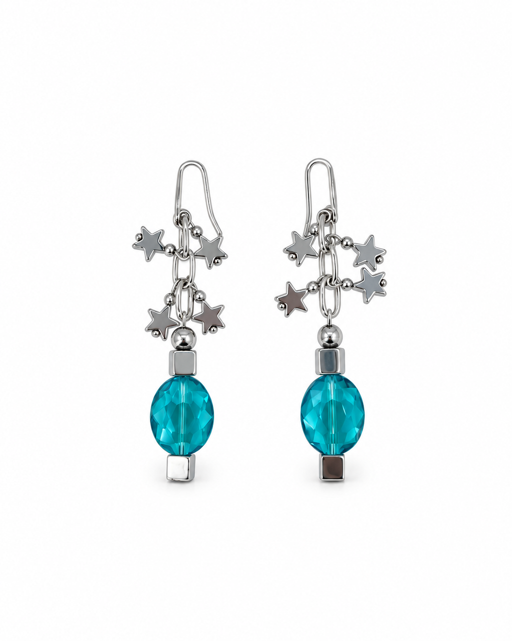 ARETES CASCADA DE ESTRELLAS  Y CRISTAL AZUL AQUA