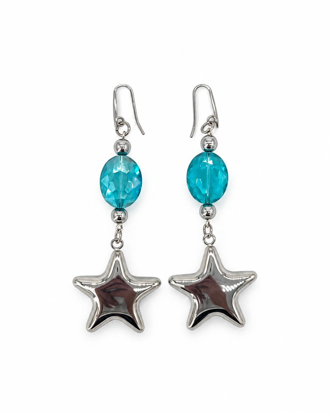 ARETES CRISTAL AZUL AQUA CON ESTRELLA DE ACERO INOX