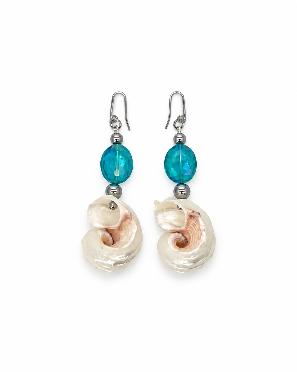 ARETES DE CARACOL CON CRISTAL AZUL AQUA