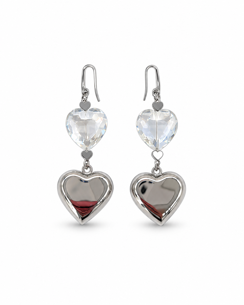 ARETES CORAZÓN DE CRISTAL Y CORAZÓN CHUNKY DE ACERO INOX