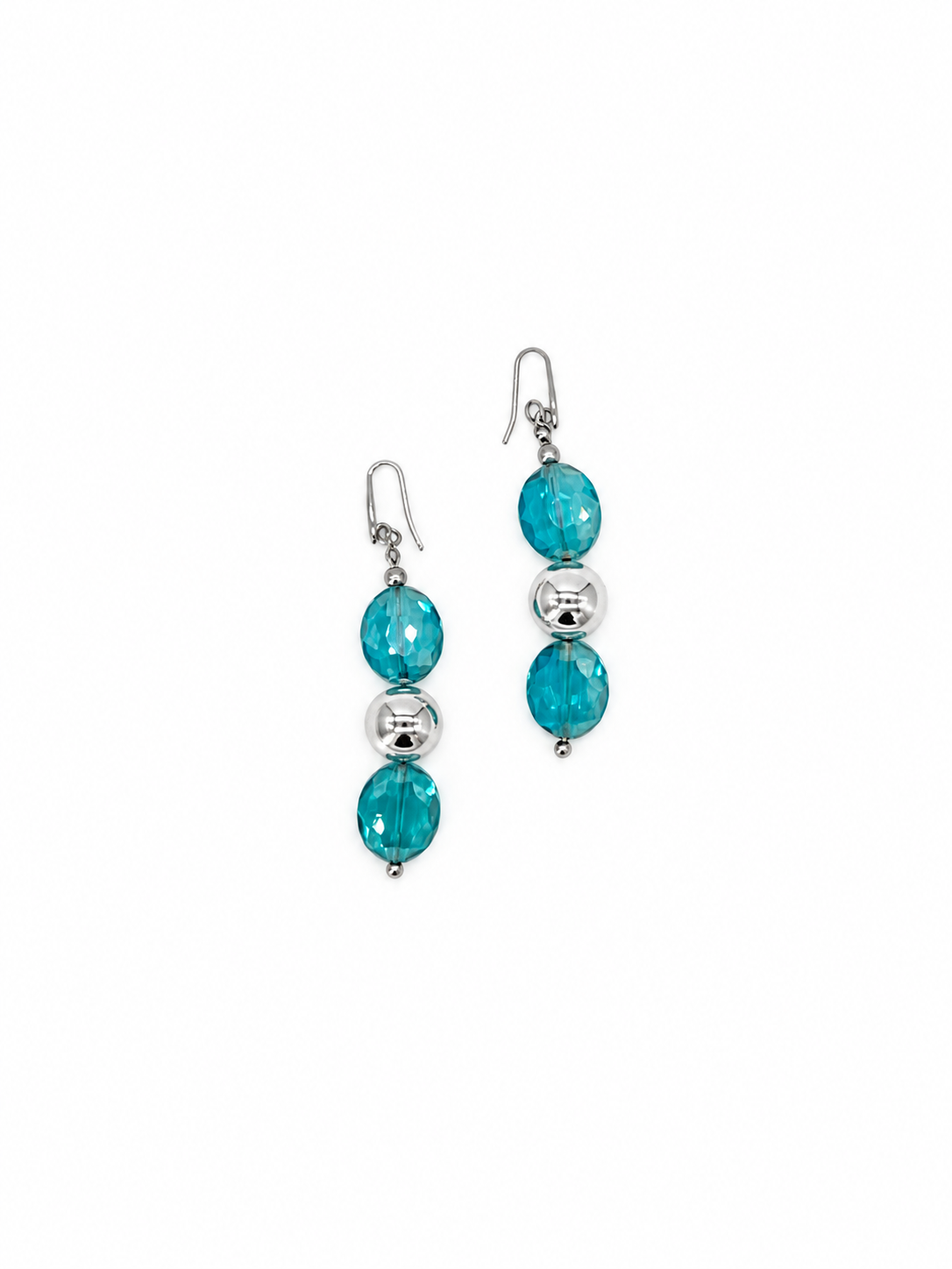 ARETES SEMILARGOS CRISTAL AZUL AQUA Y PLASTIPERLA PLATEADA
