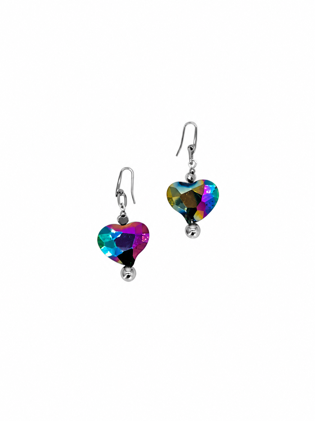 ARETES DE CRISTAL DE CORAZÓN TORNASOL Y CORAZONCITO DE ACERINA