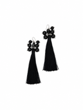 ARETES LARGOS DE BORLA DE HILO NEGRO CON PLASTI PERLA NEGRA