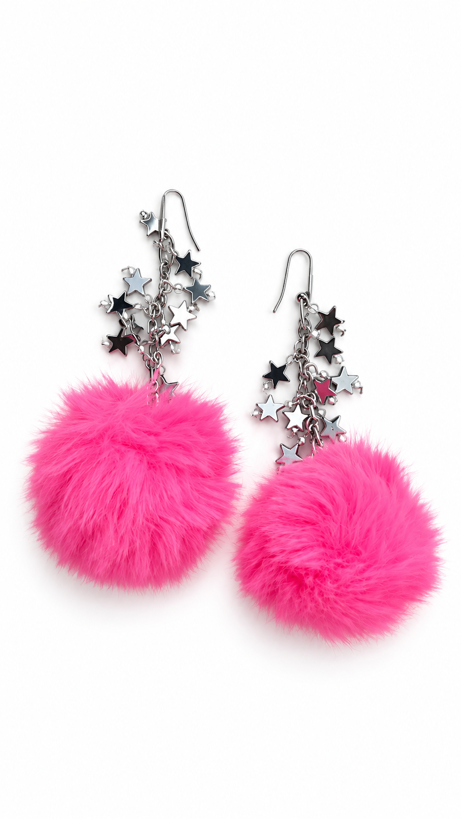 ARETES DE POMPÓN ROSA Y ESTRELLAS DE ACERINA