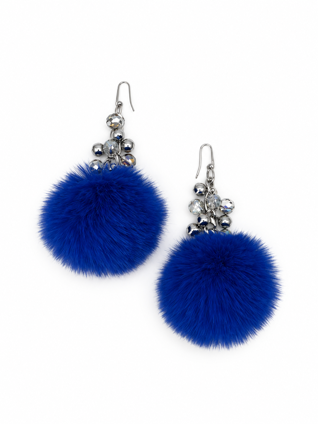 ARETES DE POMPON AZUL REY Y CRISTAL TORNASOL Y ACERINA