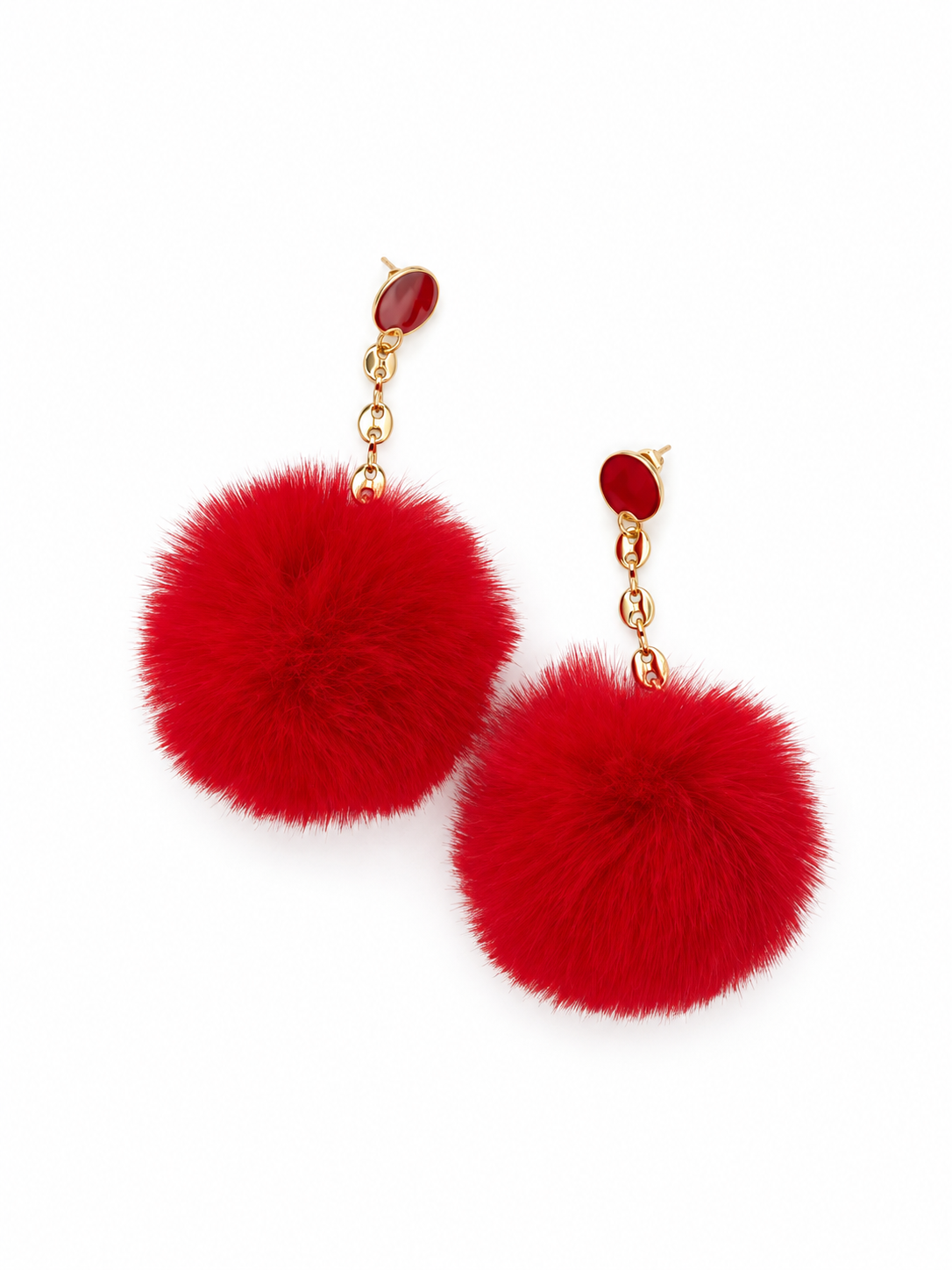 ARETES DE POMPÓN ROJO Y CADENA DORADA