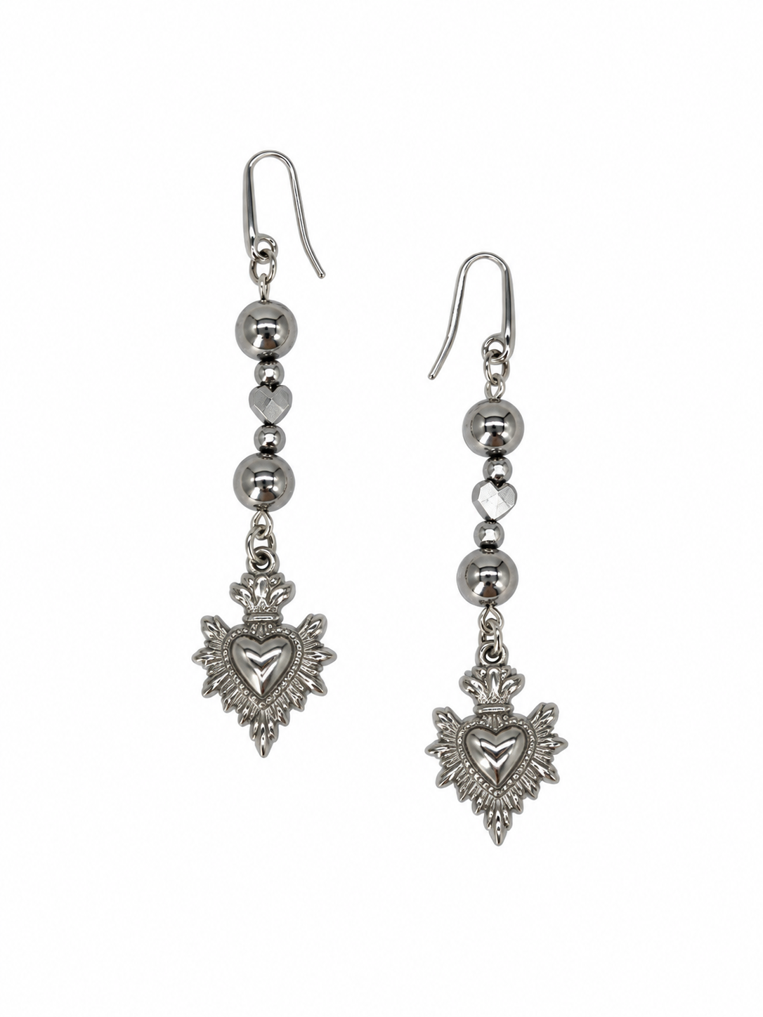 ARETES DE ACERINA DE CORAZÓN Y DIJE DEL SAGRADO CORAZÓN