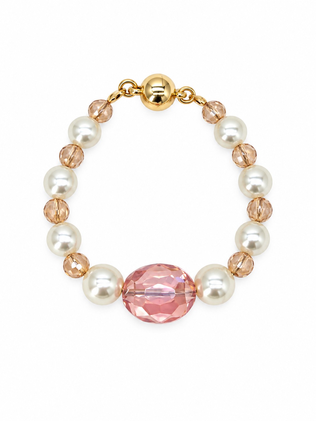 PULSERA DE PLASTI PERLA BLANCA Y CRISTAL ROSA TORNASOL