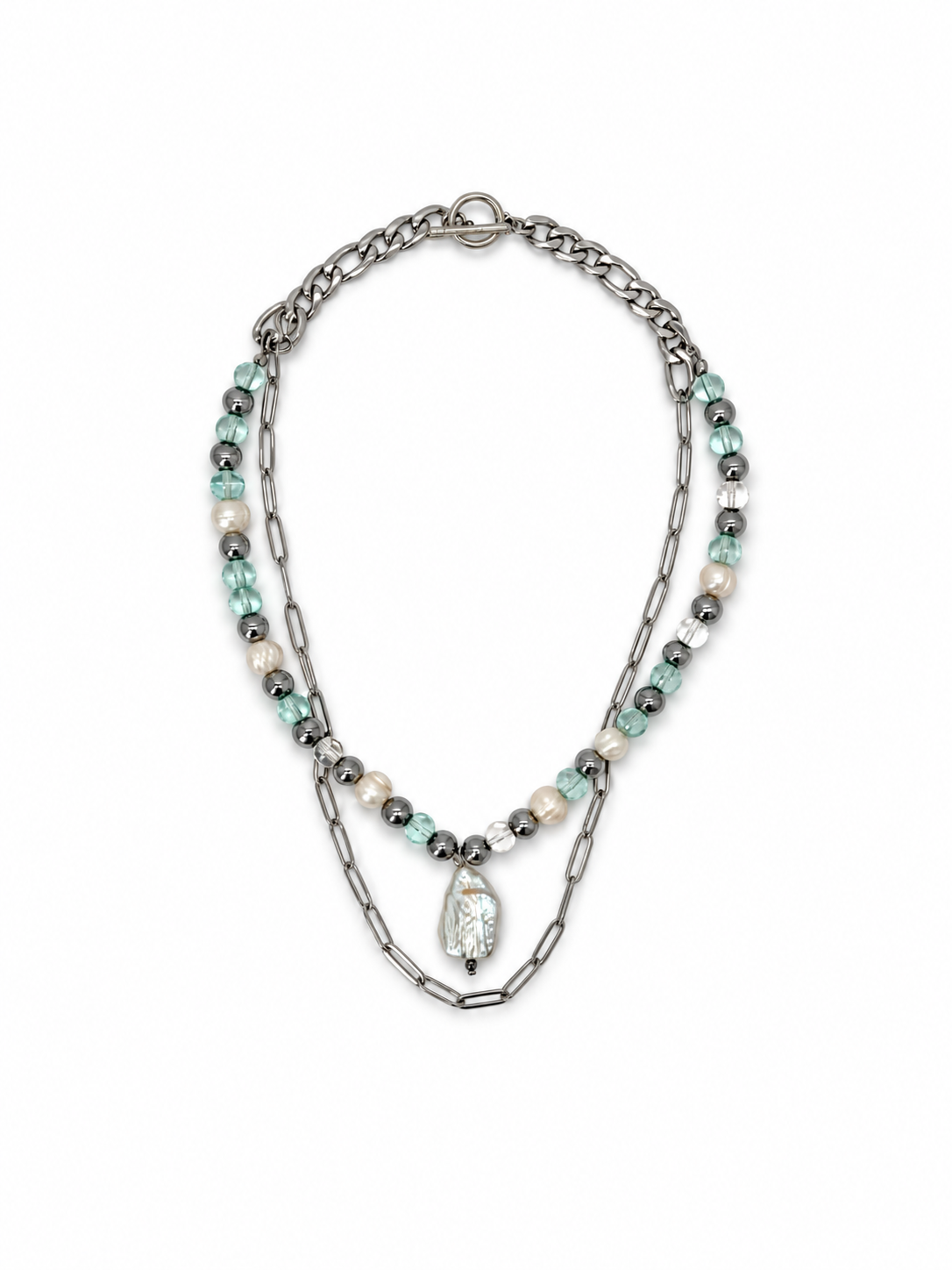 COLLAR DE ACERINA Y CRISTAL CON DIJE DE PERLA BARROCA