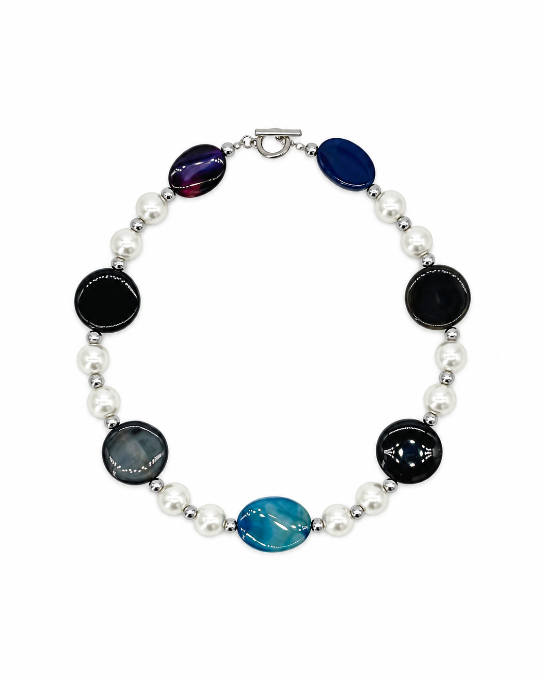 COLLAR ONIX NEGRO Y AZUL CON PLASTI PERLA BLANCA