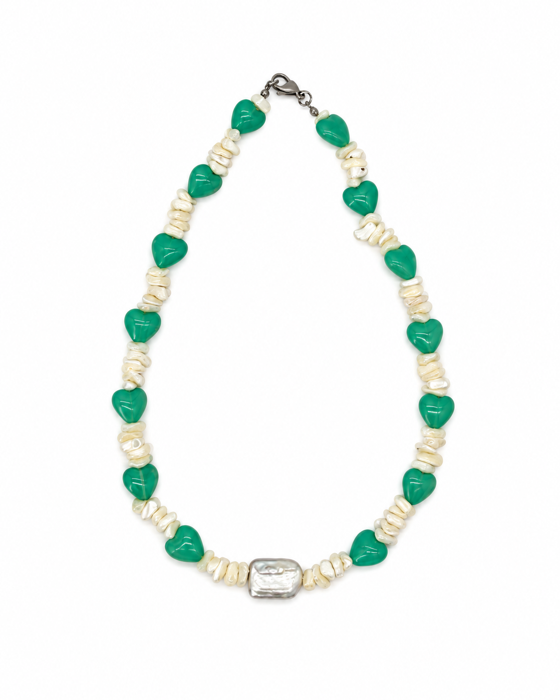 COLLAR MADRE PERLA BLANCA, CORAZÓN MURANO VERDE Y PERLA BARROCA CENTRAL