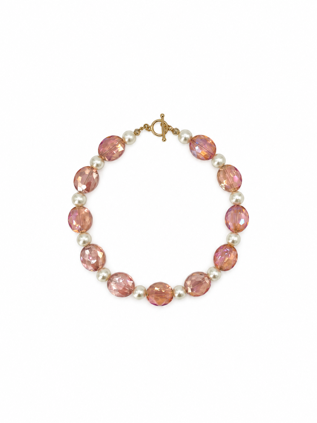 COLLAR DE CRISTAL ROSA MEDIANO Y PLASTI PERLA BLANCA
