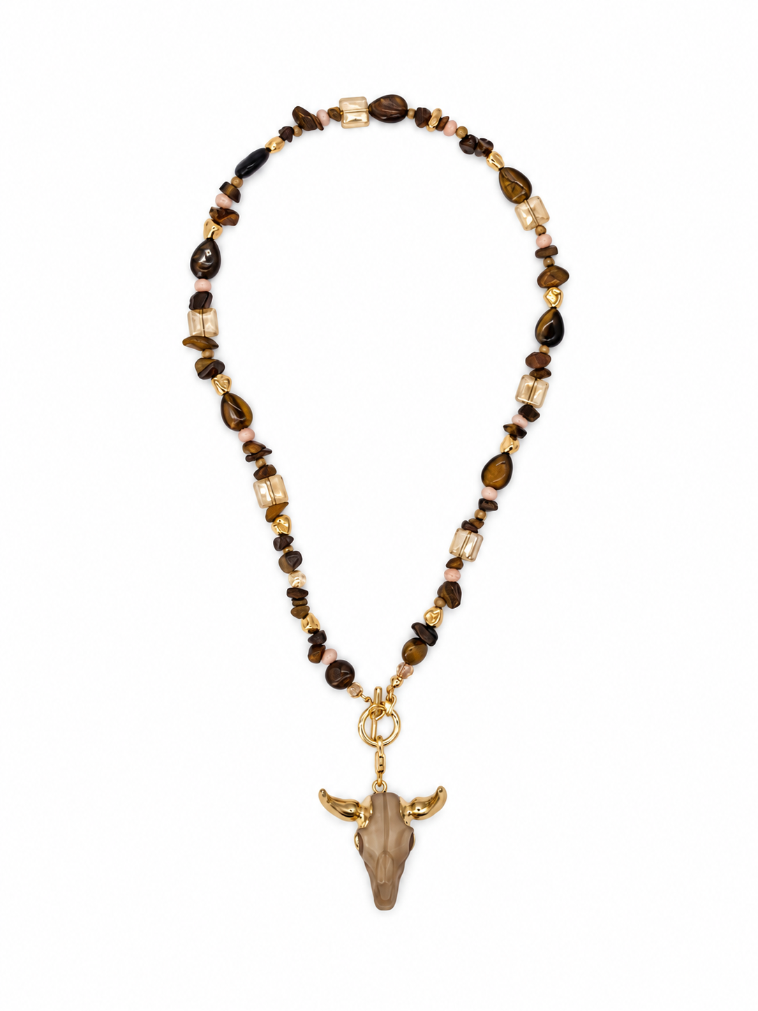COLLAR PIEDRA OJO DE TIGRE Y DIJE DE TORO DESMONTABLE
