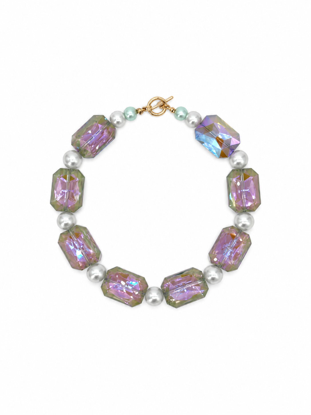 COLLAR DE CRISTAL CUADRADO MORADO CON PLASTI PERLA BLANCA