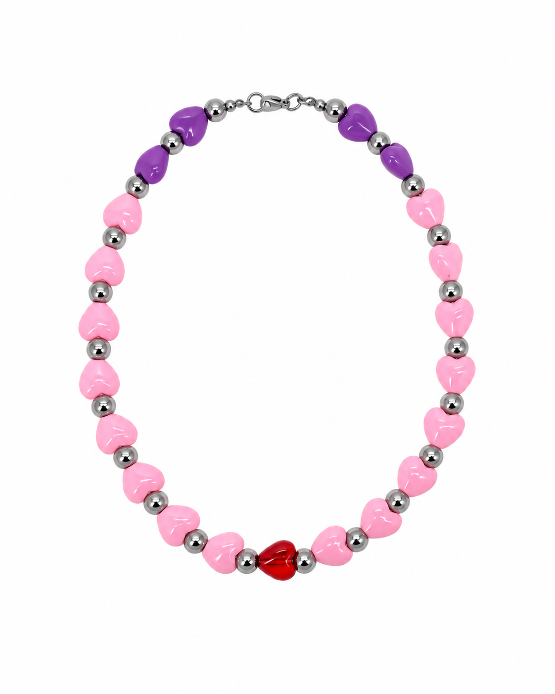 COLLAR DE CORAZONES DE MURANO ROSA, MORADO Y ROJO