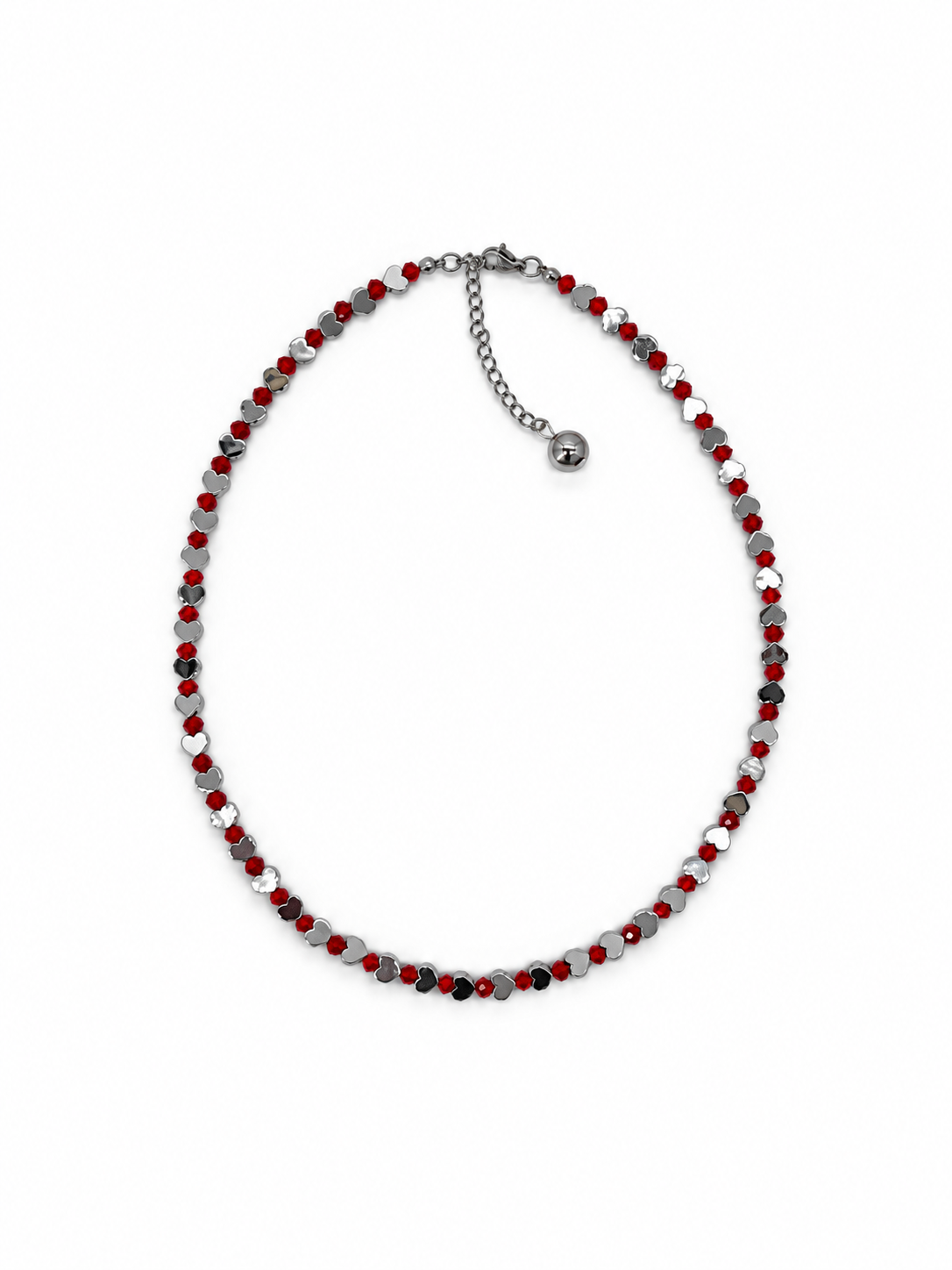 COLLAR CORAZONES DE ACERINA CON MINI CRISTAL ROJO