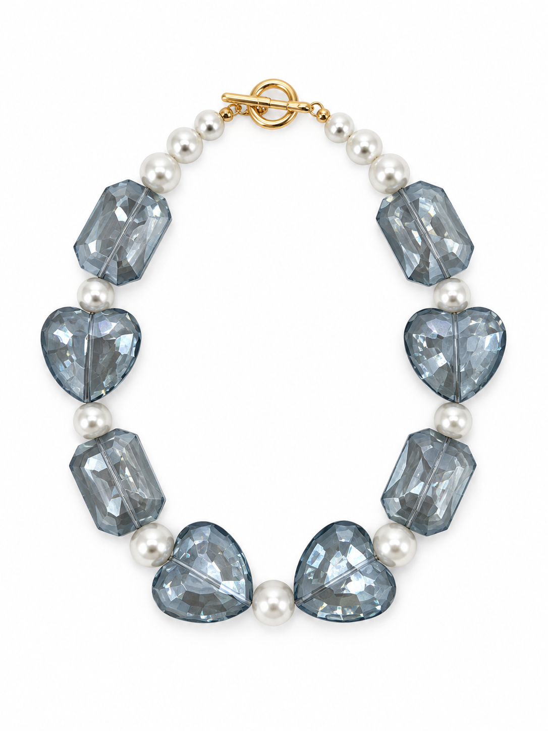 COLLAR DE CRISTAL CORAZÓN Y CUADRADO GRIS CRISTALINO Y PLASTI PLERLA BLANCA