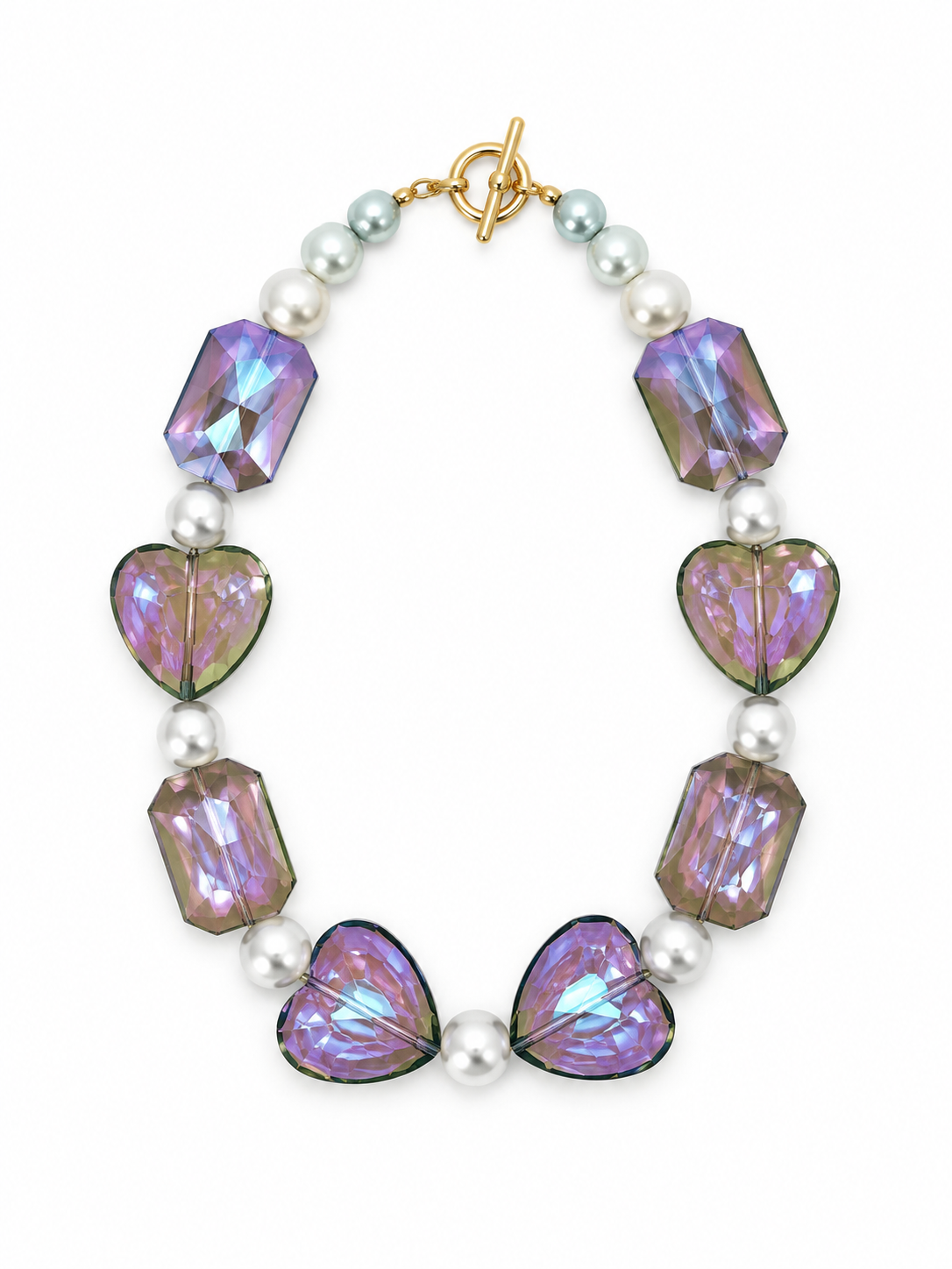 COLLAR DE CRISTAL CORAZÓN Y RECTANGULO MORADO TORNASOL Y PLASTI PLERLA BLANCA