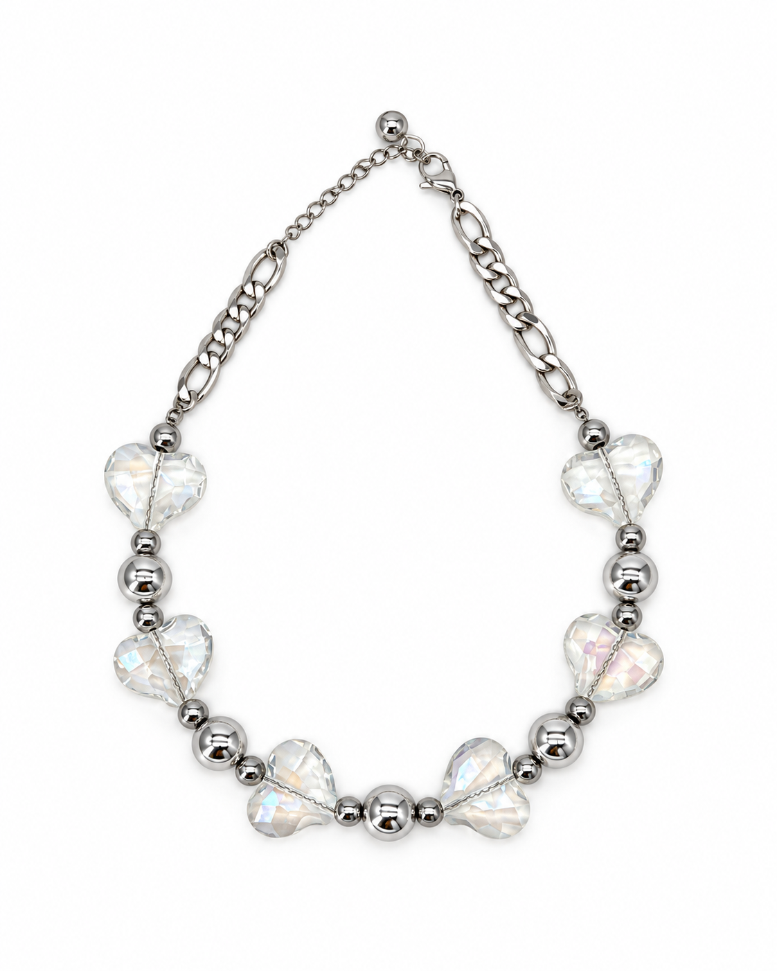 COLLAR AJUSTABLE CHUNKY CORAZÓN CRISTALINO Y PLASTIPERLA PLATEADA