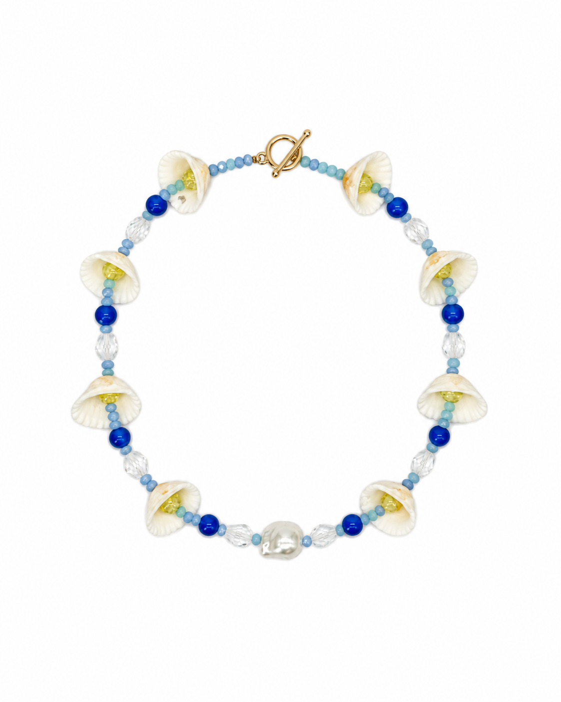 COLLAR DE CONCHAS NATURALES CON PEDRERIA AZUL Y AMARILLO