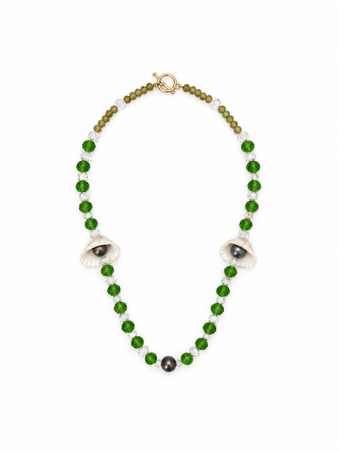 COLLAR DOS CONCHAS NATURALES PERLA CENTRAL Y CRISTAL VERDE