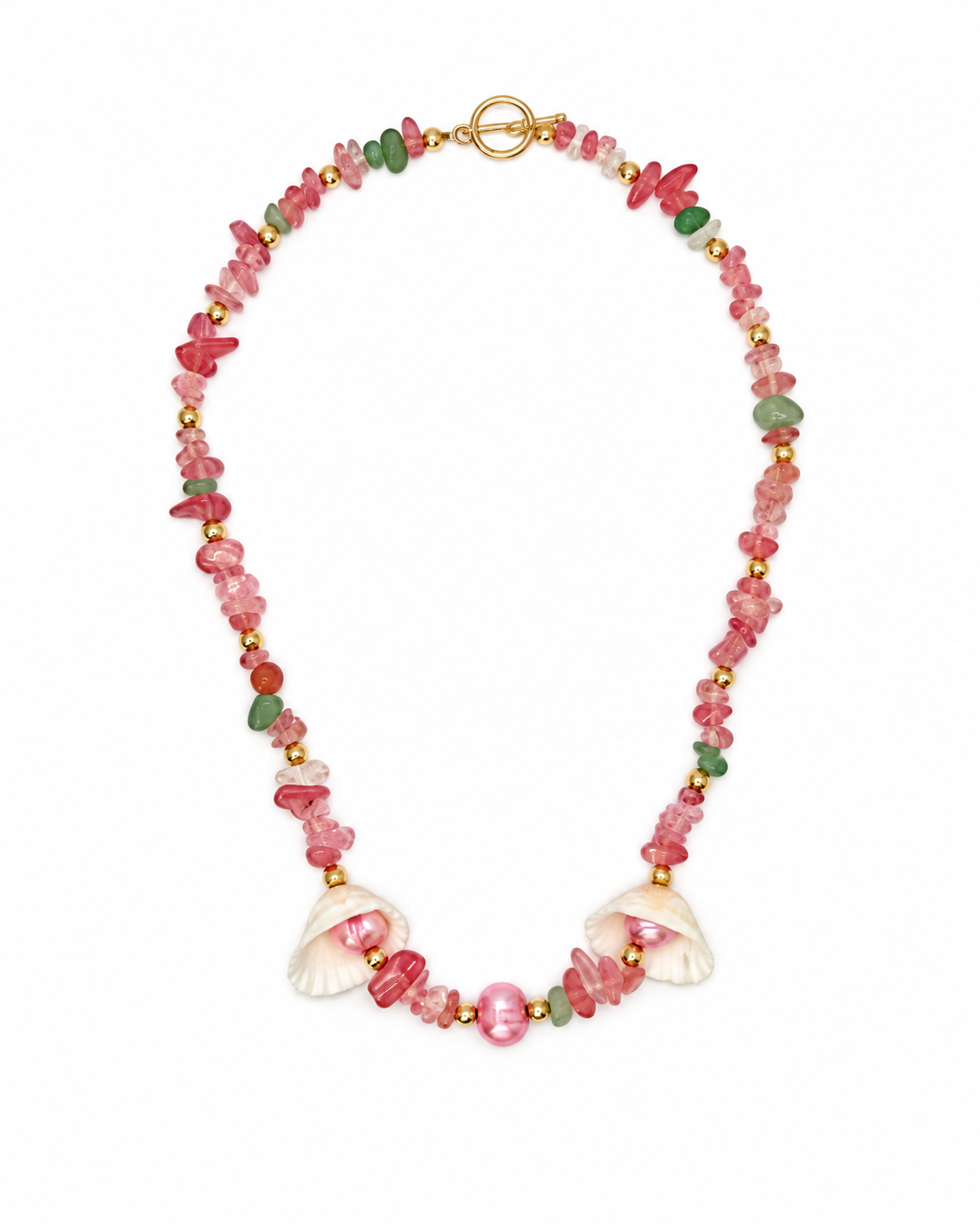 COLLAR DE CONCHAS NATURALES, CUARZO Y PERLA ROSA