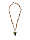 COLLAR LARGO DE PIEDRA OJO DE TIGRE Y DIJE DE TORO