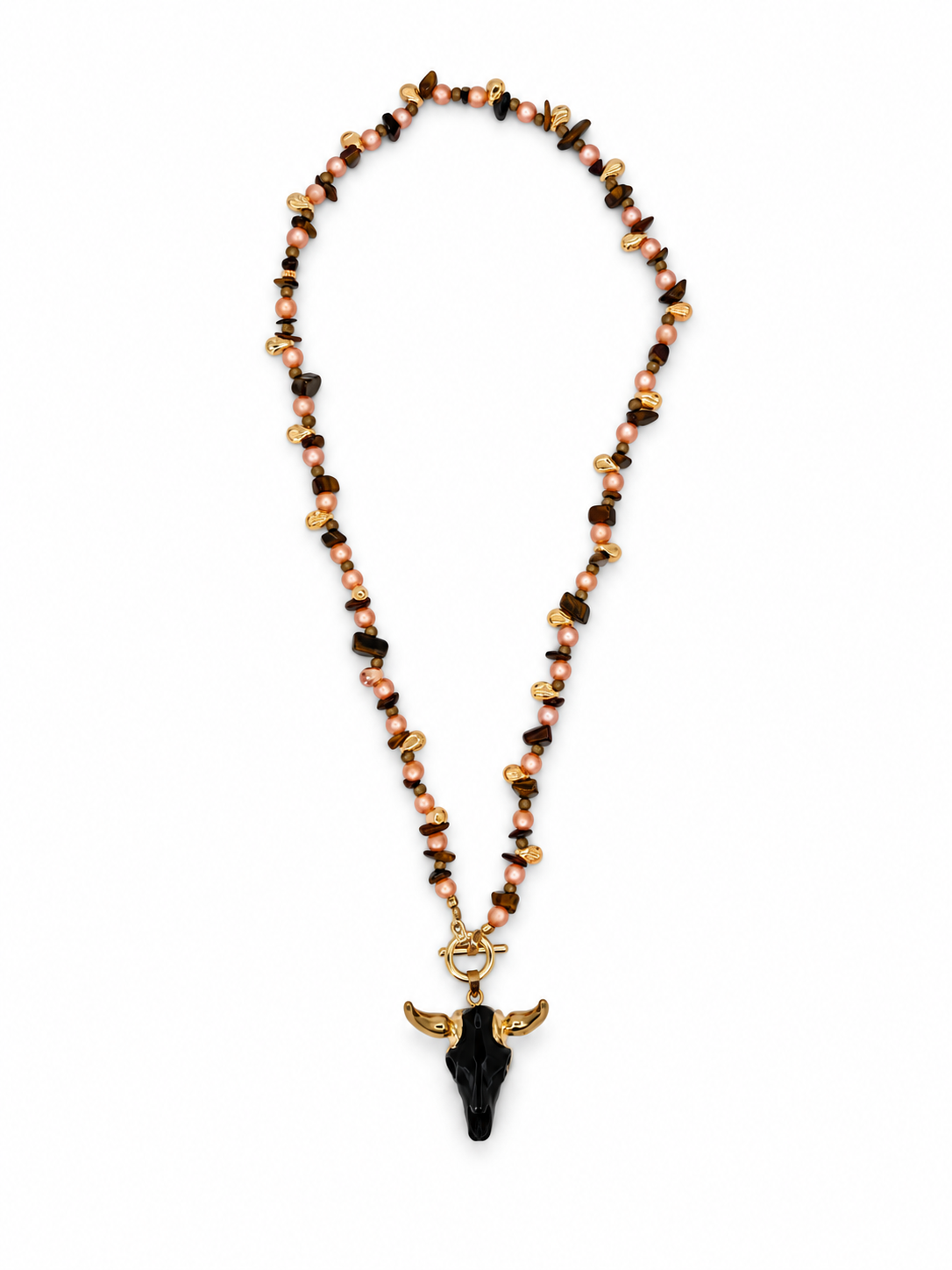 COLLAR LARGO DE PIEDRA OJO DE TIGRE Y DIJE DE TORO