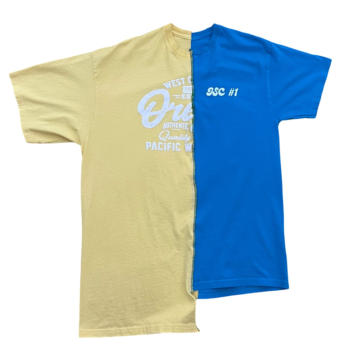 PLAYERA MITAD AMARILLO PASTEL Y AZUL CHICLE