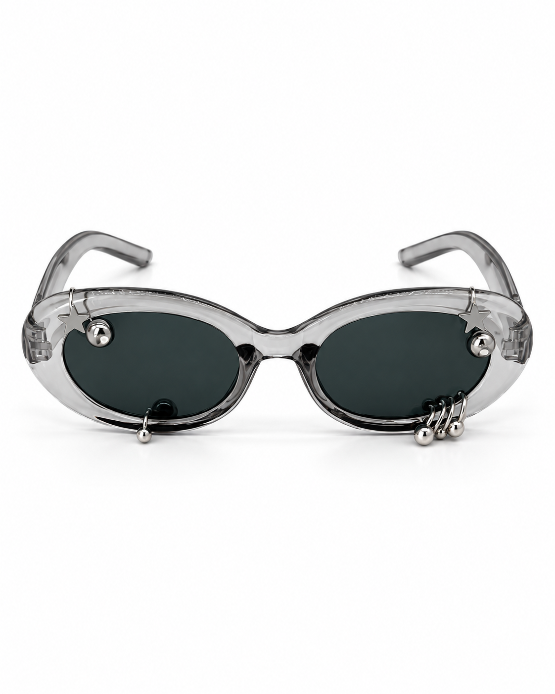 LENTE NEGRO CON MONTURA GRIS Y PIERCING