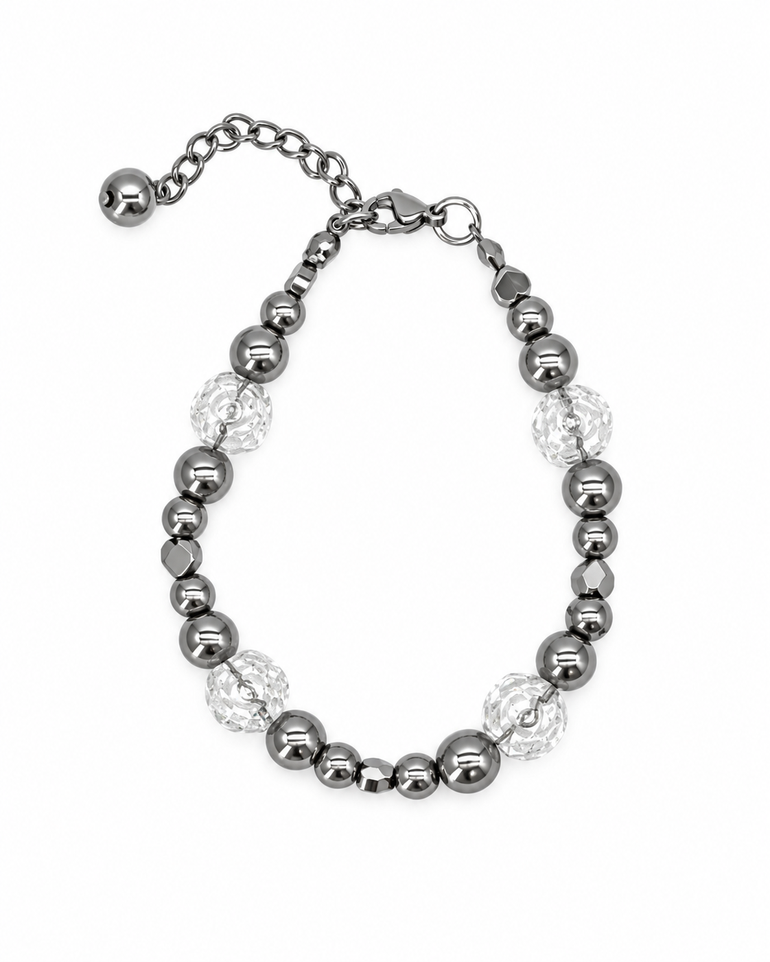 PULSERA DE ROSAS DE CUARZO BLANCO Y CORAZONES DE ACERINA